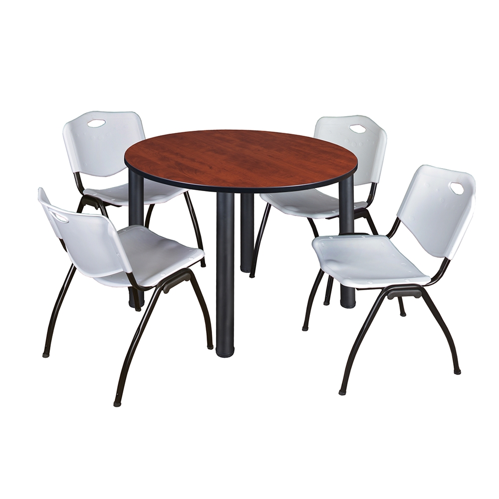 Kee 48" Round Breakroom Table- Cherry/ Black & 4 'M' Stack Chairs- Grey. Picture 1