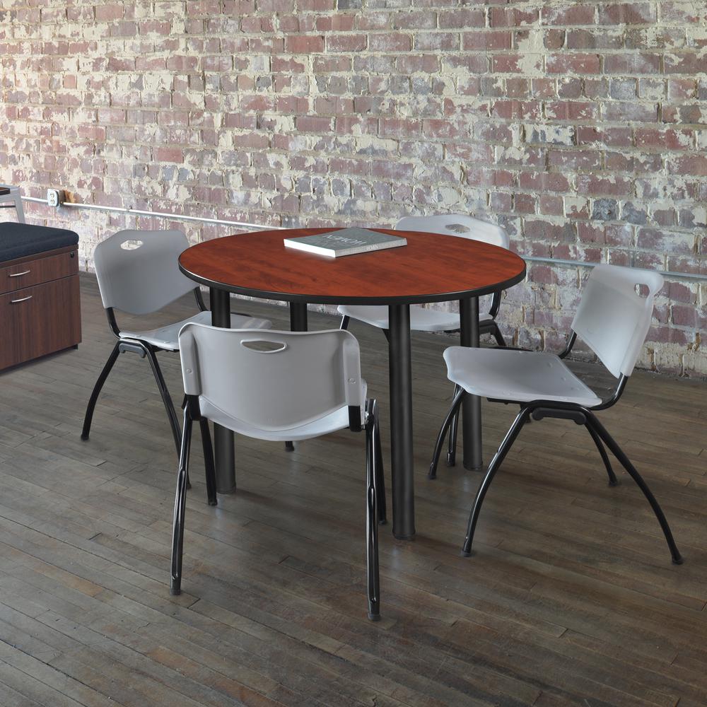 Kee 48" Round Breakroom Table- Cherry/ Black & 4 'M' Stack Chairs- Grey. Picture 2