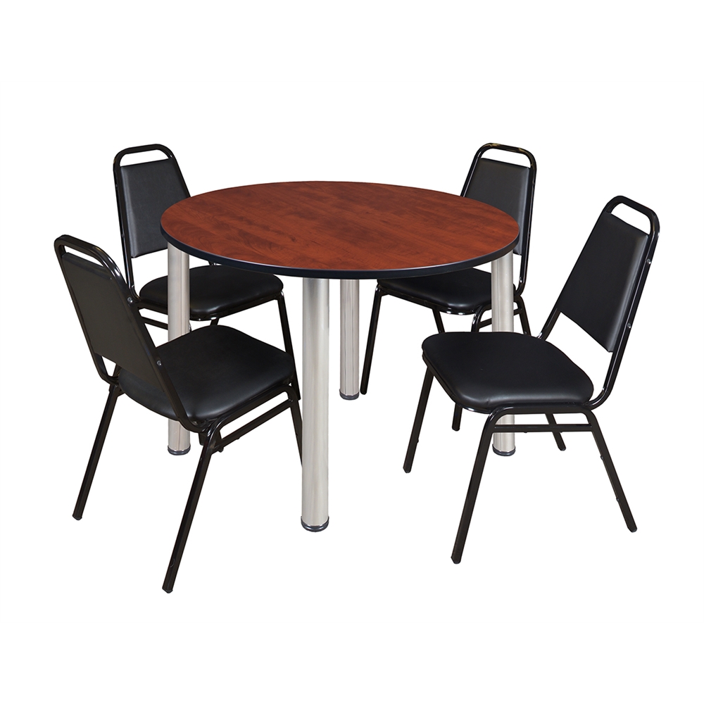 Kee 48" Round Breakroom Table- Cherry/ Chrome & 4 Restaurant Stack Chairs- Black. Picture 1
