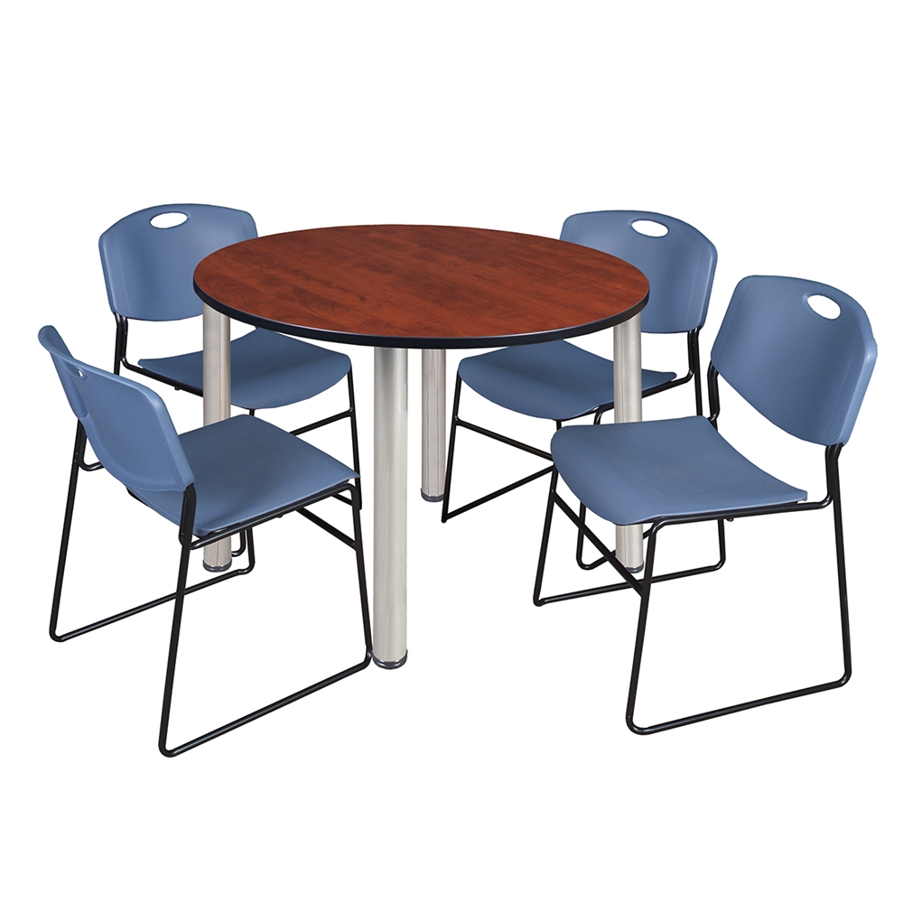 Kee 48" Round Breakroom Table- Cherry/ Chrome & 4 Zeng Stack Chairs- Blue. Picture 1