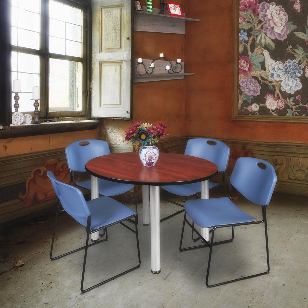 Kee 48" Round Breakroom Table- Cherry/ Chrome & 4 Zeng Stack Chairs- Blue. Picture 2