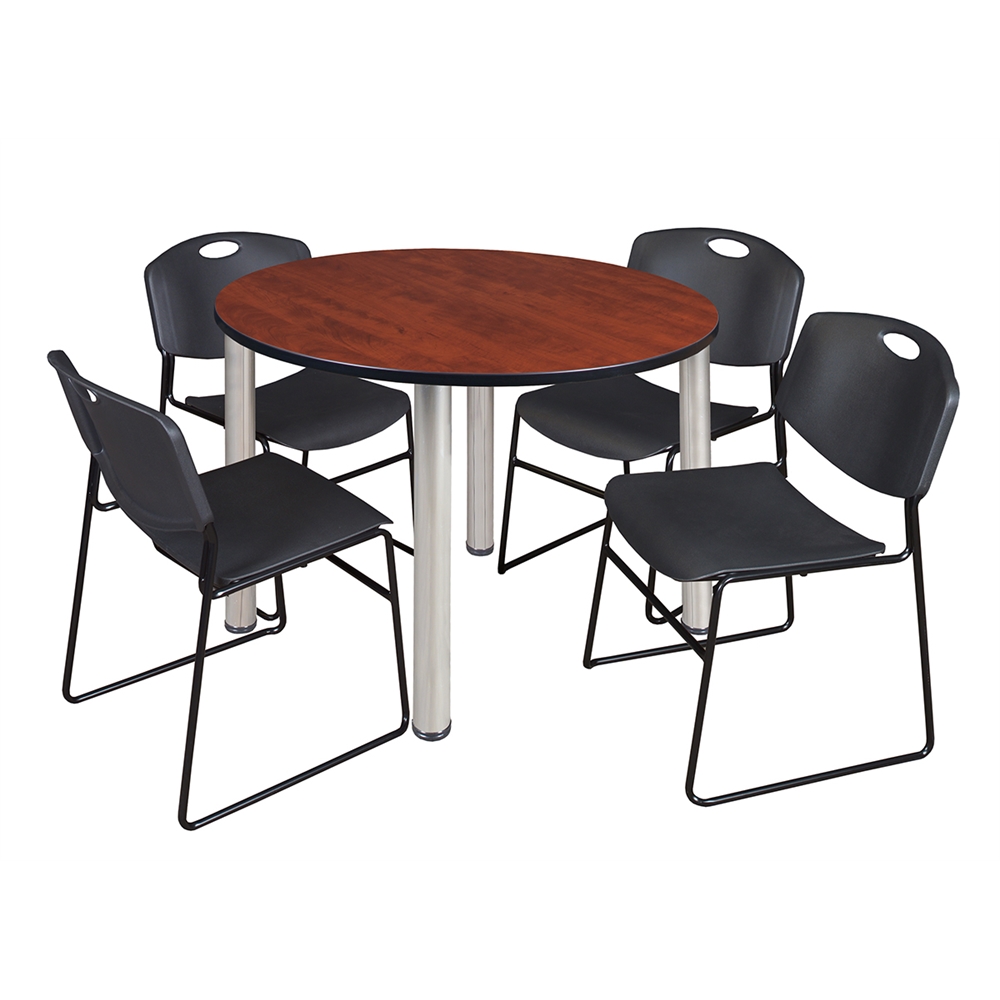 Kee 48" Round Breakroom Table- Cherry/ Chrome & 4 Zeng Stack Chairs- Black. Picture 1
