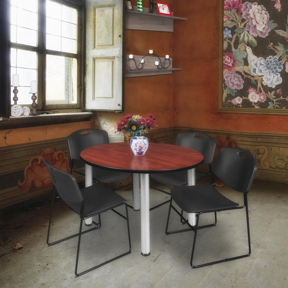 Kee 48" Round Breakroom Table- Cherry/ Chrome & 4 Zeng Stack Chairs- Black. Picture 2