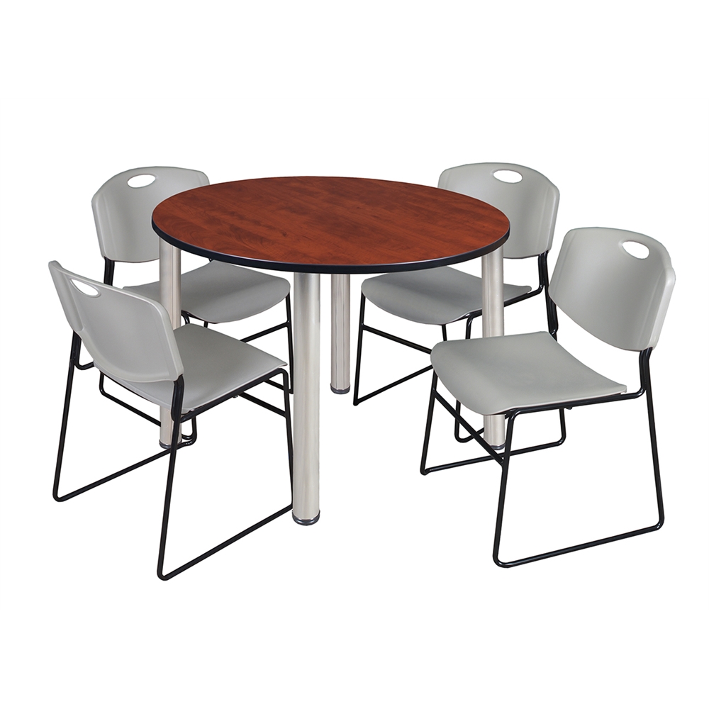 Kee 48" Round Breakroom Table- Cherry/ Chrome & 4 Zeng Stack Chairs- Grey. Picture 1