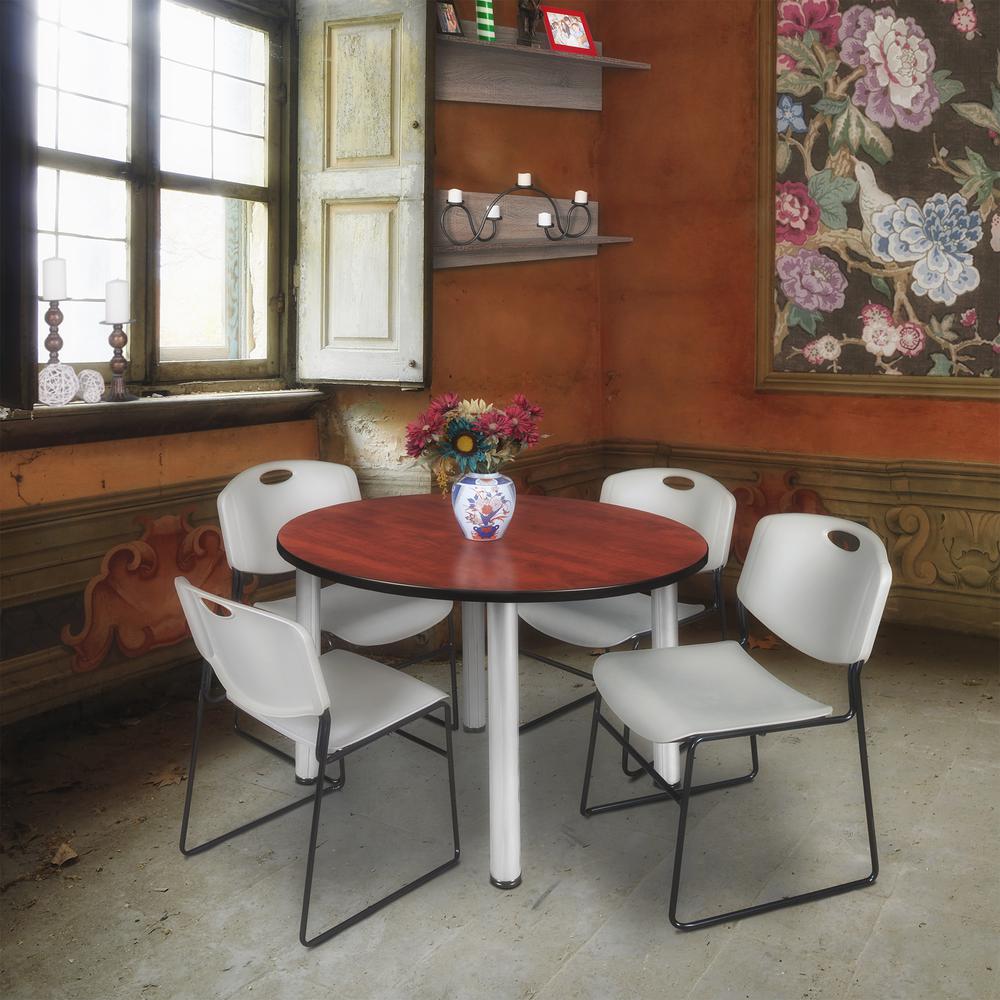 Kee 48" Round Breakroom Table- Cherry/ Chrome & 4 Zeng Stack Chairs- Grey. Picture 2
