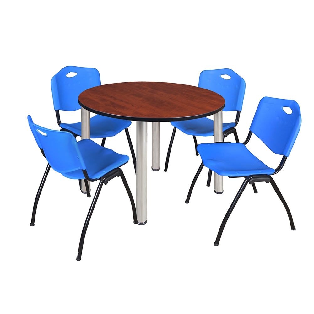 Kee 48" Round Breakroom Table- Cherry/ Chrome & 4 'M' Stack Chairs- Blue. Picture 1