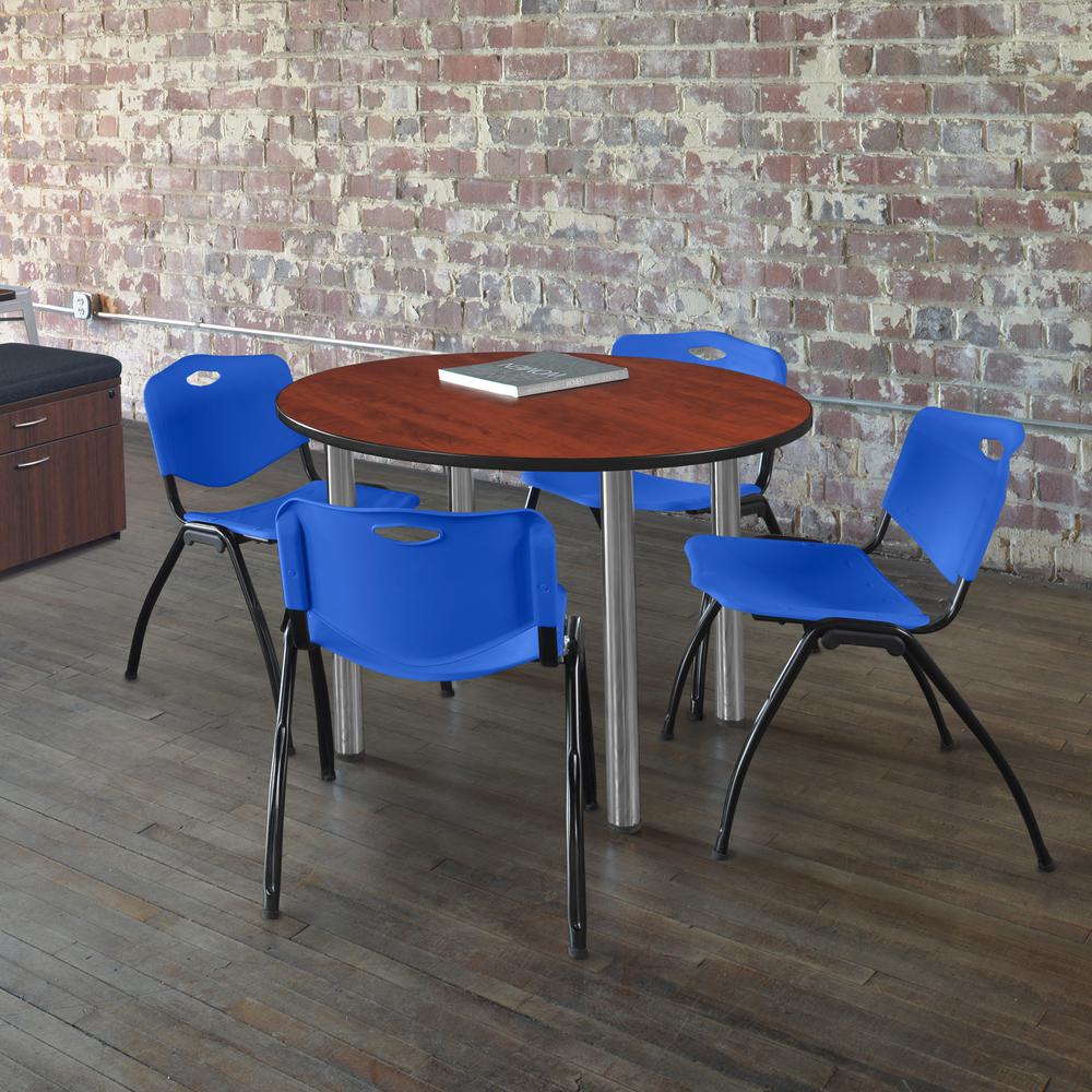 Kee 48" Round Breakroom Table- Cherry/ Chrome & 4 'M' Stack Chairs- Blue. Picture 2