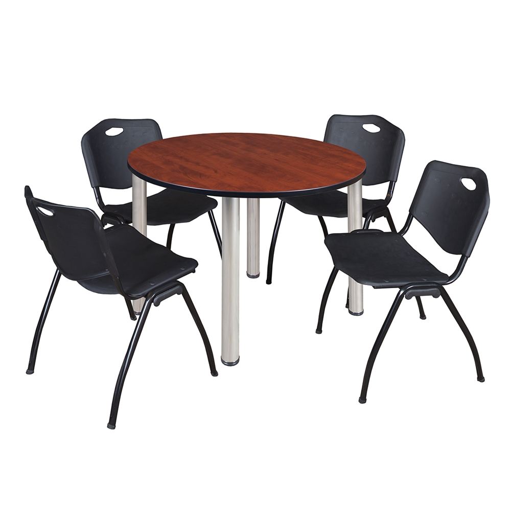Kee 48" Round Breakroom Table- Cherry/ Chrome & 4 'M' Stack Chairs- Black. Picture 1