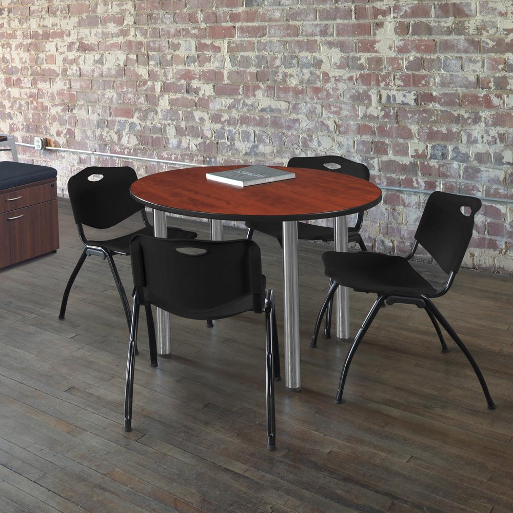 Kee 48" Round Breakroom Table- Cherry/ Chrome & 4 'M' Stack Chairs- Black. Picture 2