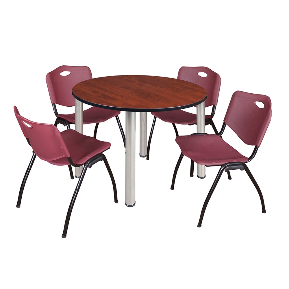 Kee 48" Round Breakroom Table- Cherry/ Chrome & 4 'M' Stack Chairs- Burgundy. Picture 1