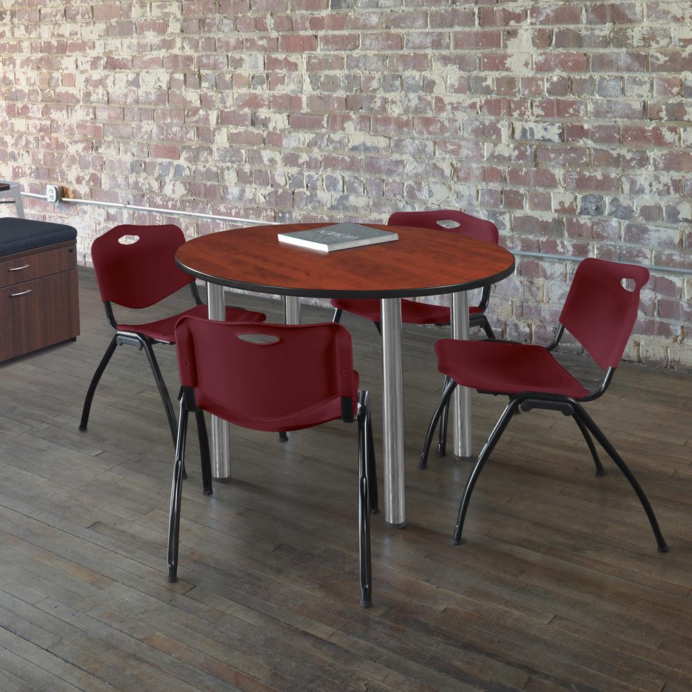Kee 48" Round Breakroom Table- Cherry/ Chrome & 4 'M' Stack Chairs- Burgundy. Picture 2