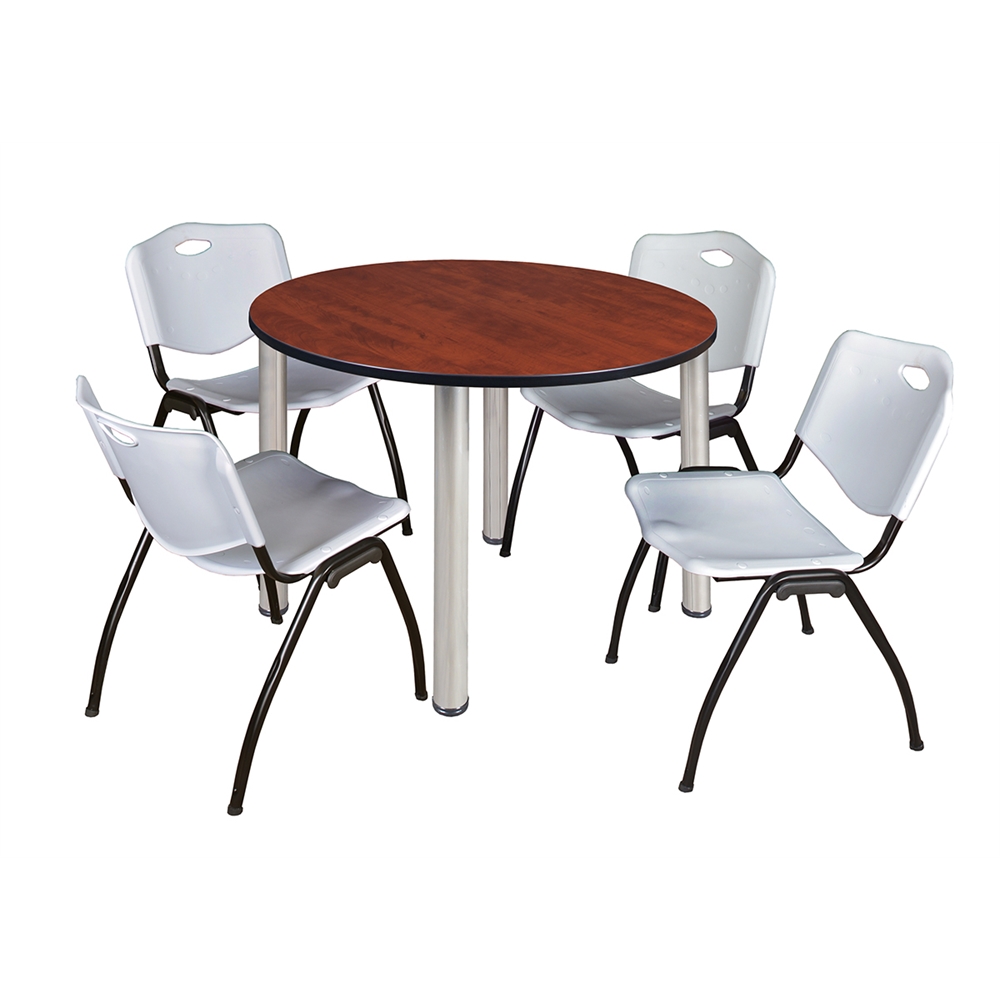 Kee 48" Round Breakroom Table- Cherry/ Chrome & 4 'M' Stack Chairs- Grey. Picture 1