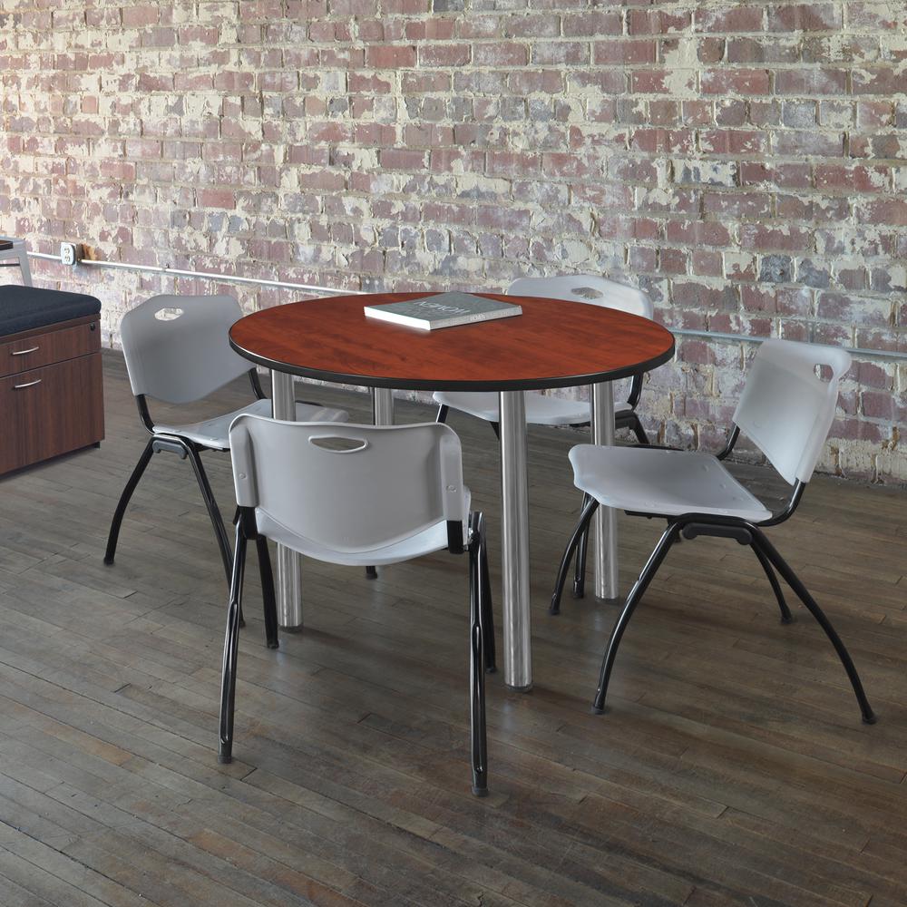 Kee 48" Round Breakroom Table- Cherry/ Chrome & 4 'M' Stack Chairs- Grey. Picture 2