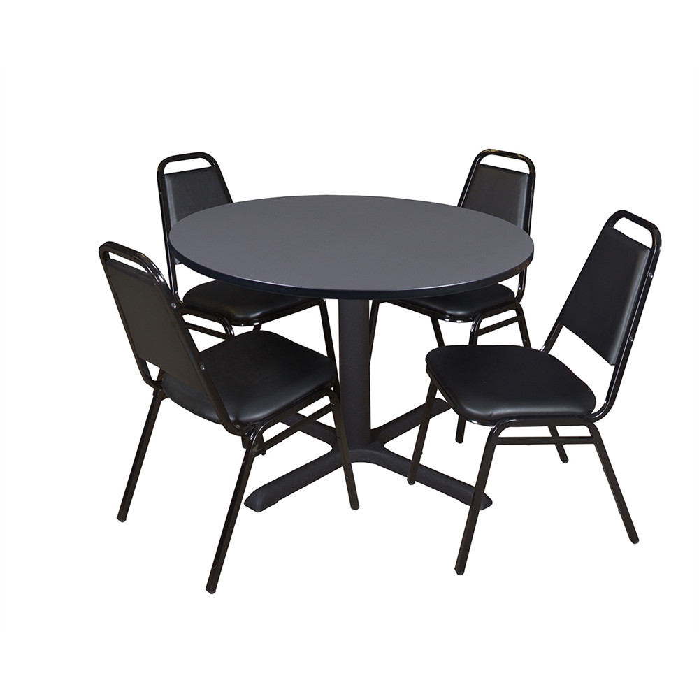 Cain 48" Round Breakroom Table- Grey & 4 Restaurant Stack Chairs- Black. Picture 1