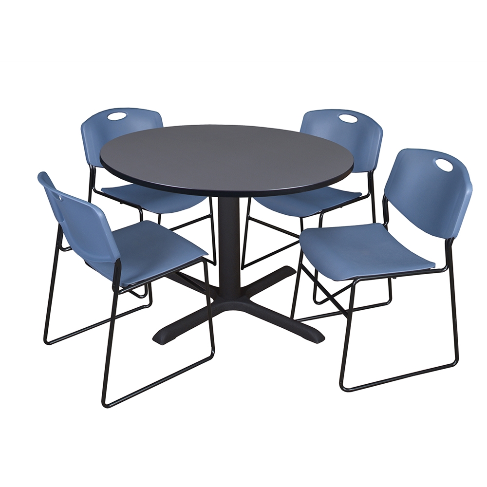 Cain 48" Round Breakroom Table- Grey & 4 Zeng Stack Chairs- Blue. Picture 1