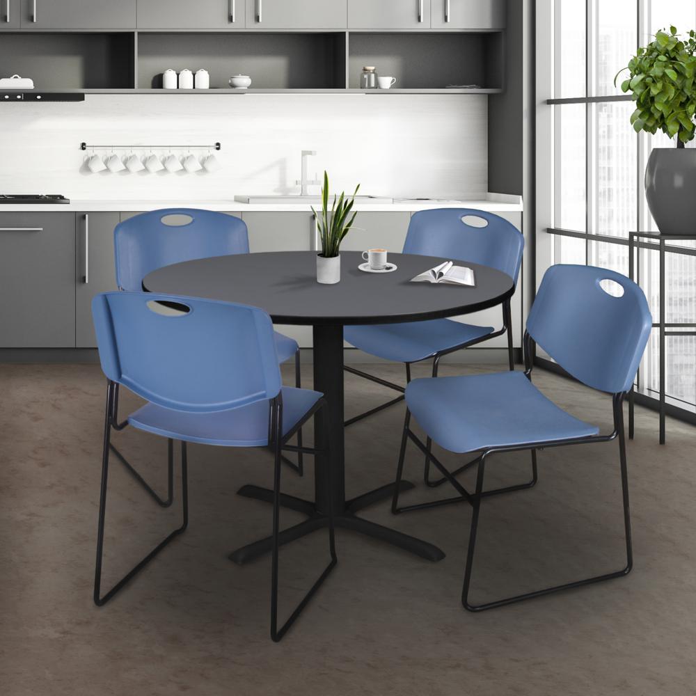 Cain 48" Round Breakroom Table- Grey & 4 Zeng Stack Chairs- Blue. Picture 2