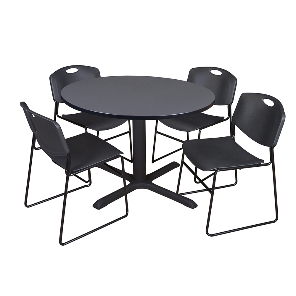 Cain 48" Round Breakroom Table- Grey & 4 Zeng Stack Chairs- Black. Picture 1