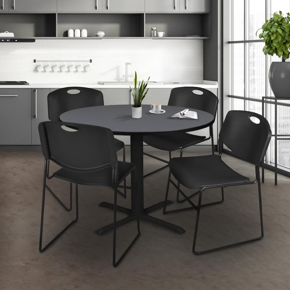 Cain 48" Round Breakroom Table- Grey & 4 Zeng Stack Chairs- Black. Picture 2