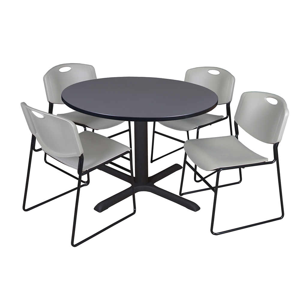 Cain 48" Round Breakroom Table- Grey & 4 Zeng Stack Chairs- Grey. Picture 1