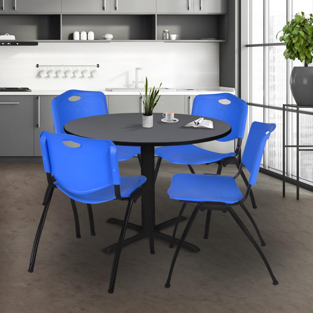 Cain 48" Round Breakroom Table- Grey & 4 'M' Stack Chairs- Blue. Picture 2