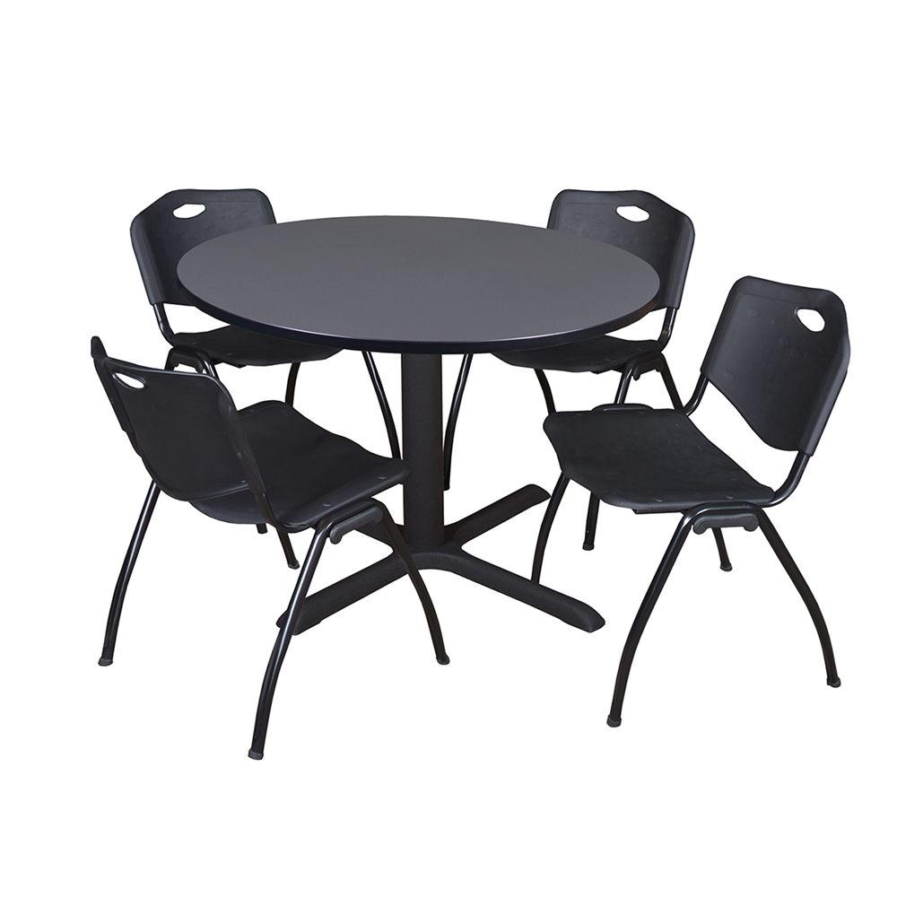 Cain 48" Round Breakroom Table- Grey & 4 'M' Stack Chairs- Black. Picture 1