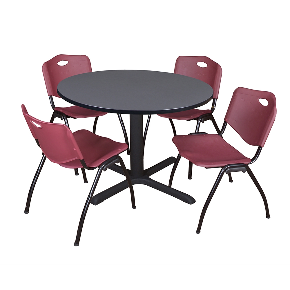 Cain 48" Round Breakroom Table- Grey & 4 'M' Stack Chairs- Burgundy. Picture 1