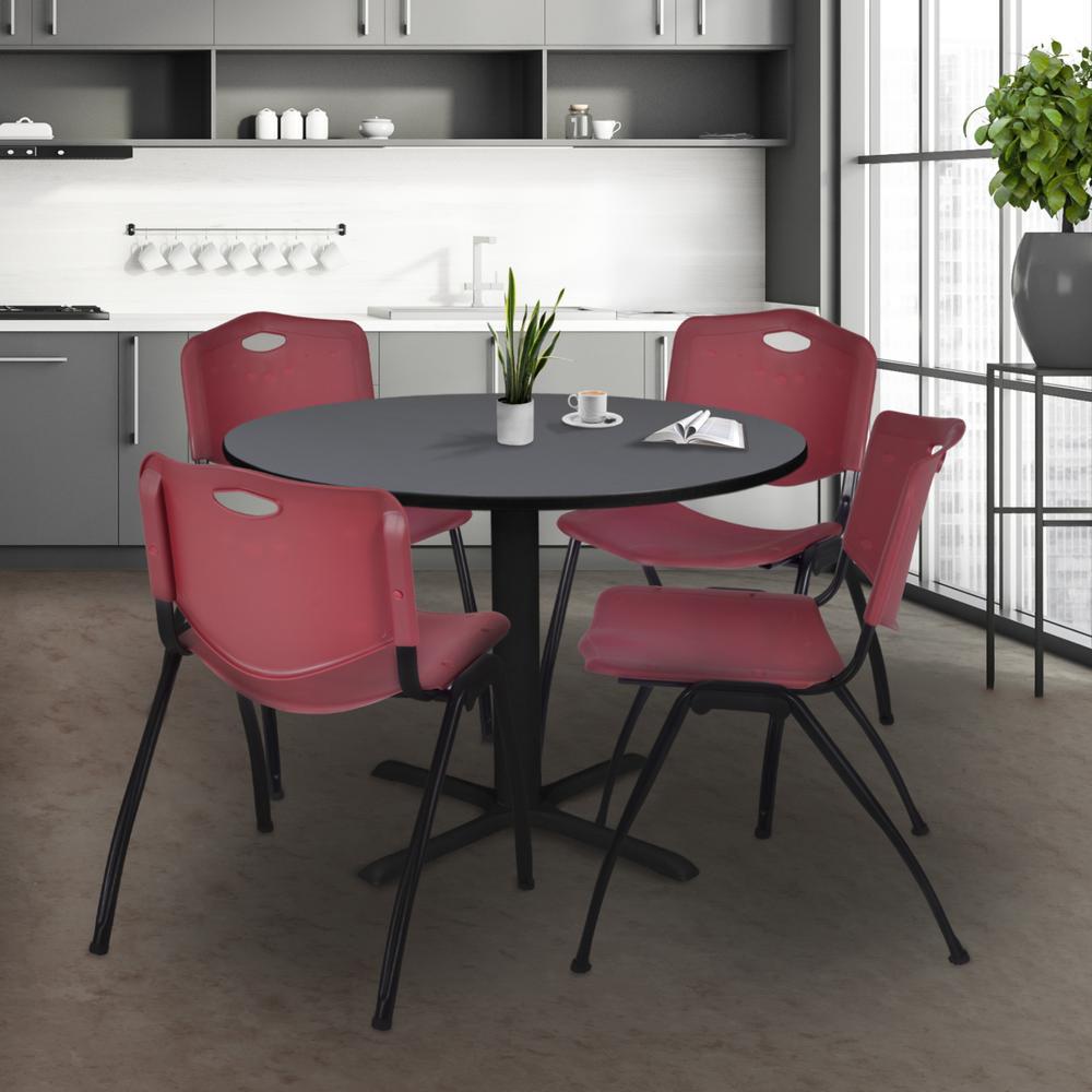 Cain 48" Round Breakroom Table- Grey & 4 'M' Stack Chairs- Burgundy. Picture 2