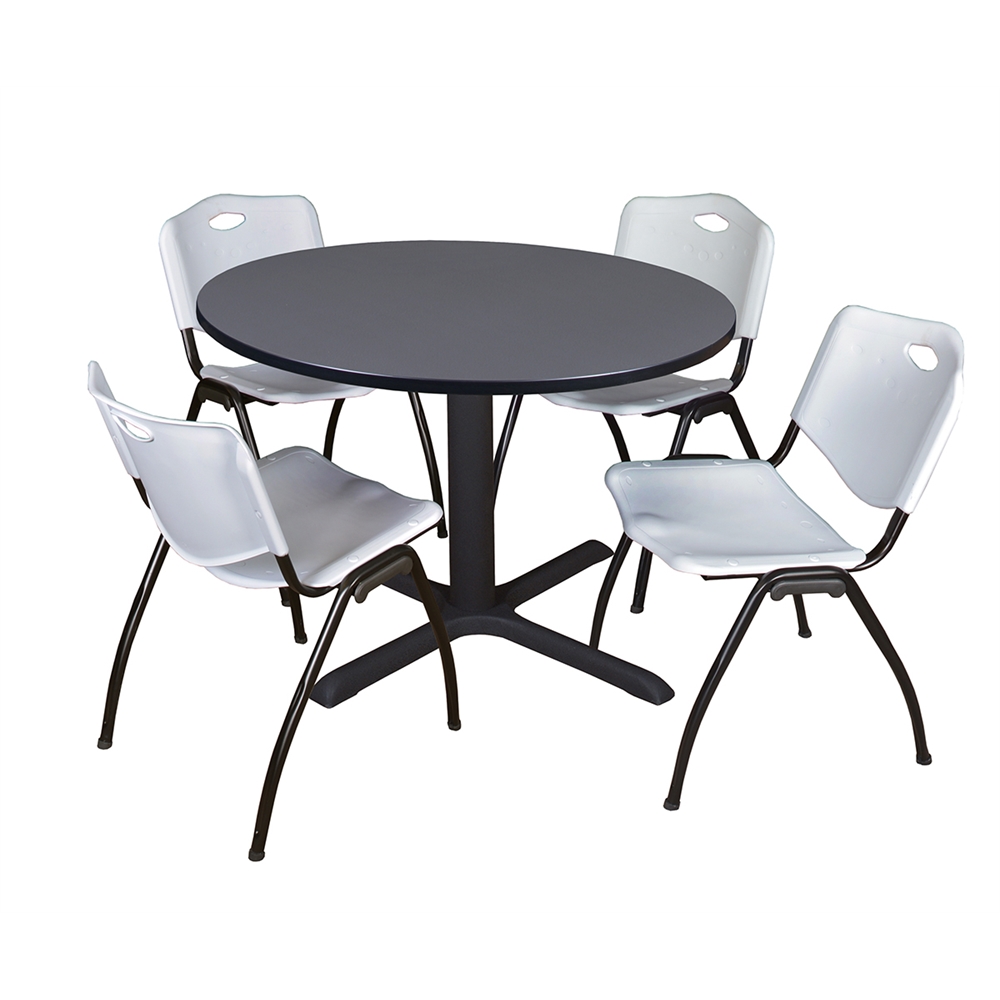 Cain 48" Round Breakroom Table- Grey & 4 'M' Stack Chairs- Grey. Picture 1