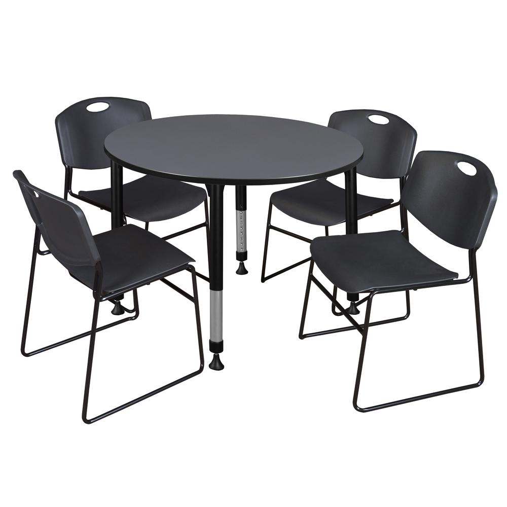 Kee 48" Round Height Adjustable Classroom Table - Grey & 4 Zeng Stack Chairs- Black. Picture 1