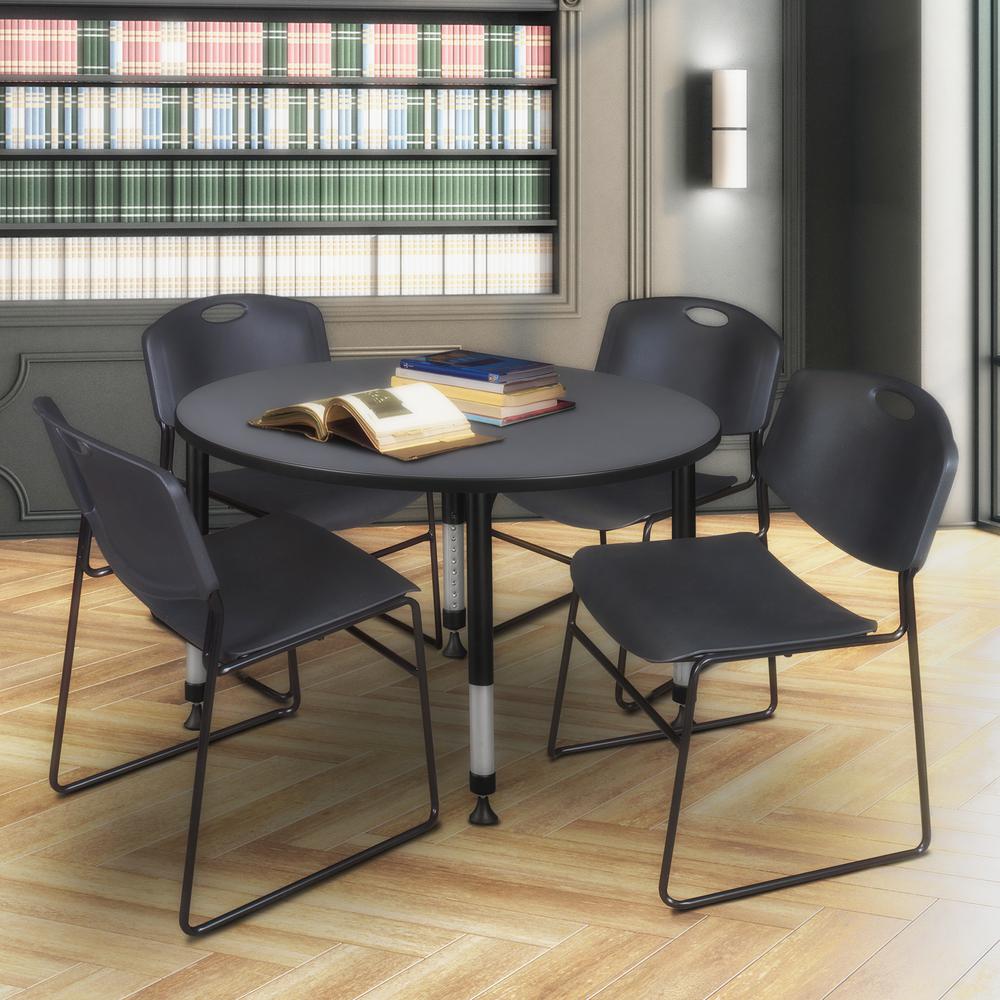 Kee 48" Round Height Adjustable Classroom Table - Grey & 4 Zeng Stack Chairs- Black. Picture 6
