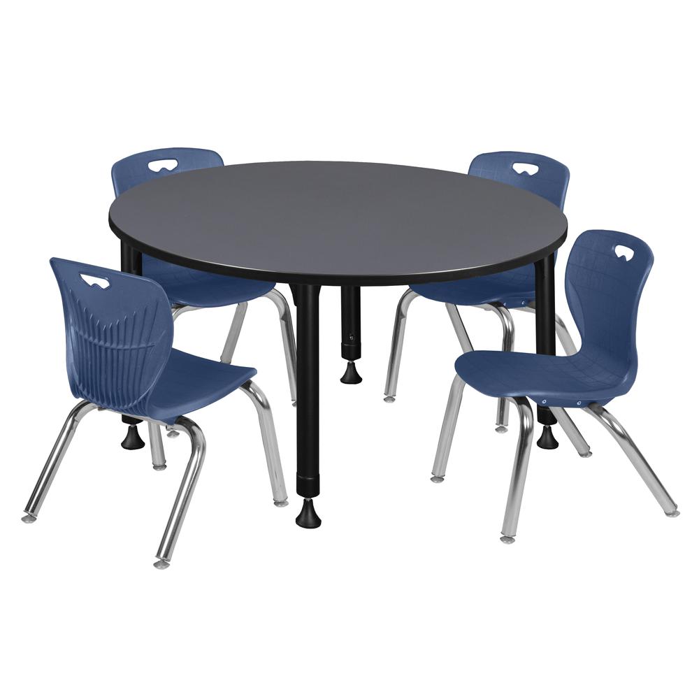 Kee 48" Round Height Adjustable Classroom Table - Grey & 4 Andy 12-in Stack Chairs- Navy Blue. Picture 1