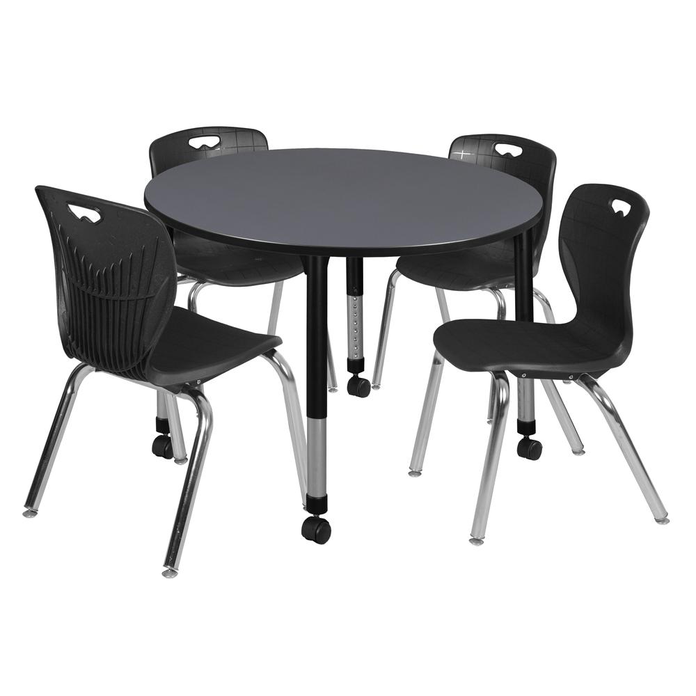 Kee 48" Round Height Adjustable Classroom Table - Grey & 4 Andy 18-in Stack Chairs- Black. Picture 1
