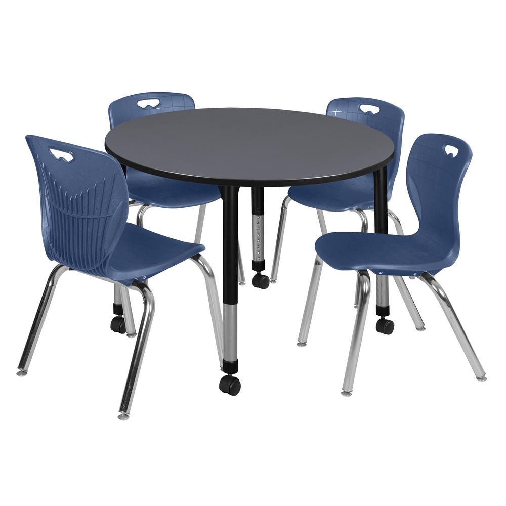 Kee 48" Round Height Adjustable Classroom Table - Grey & 4 Andy 18-in Stack Chairs- Navy Blue. Picture 1