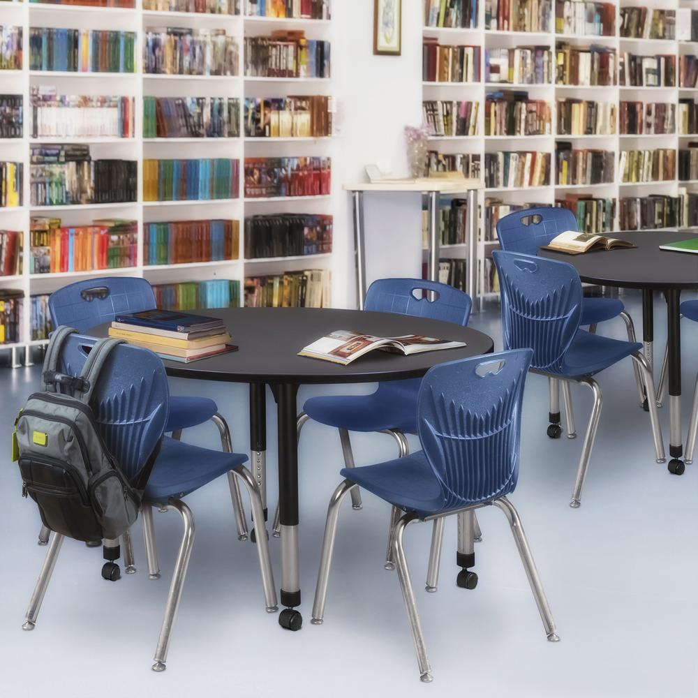 Kee 48" Round Height Adjustable Classroom Table - Grey & 4 Andy 18-in Stack Chairs- Navy Blue. Picture 6