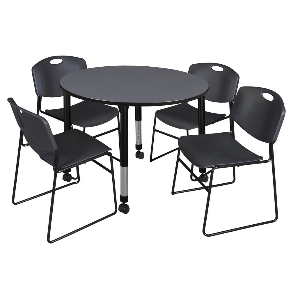 Kee 48" Round Height Adjustable Mobile Classroom Table - Grey & 4 Zeng Stack Chairs- Black. Picture 1