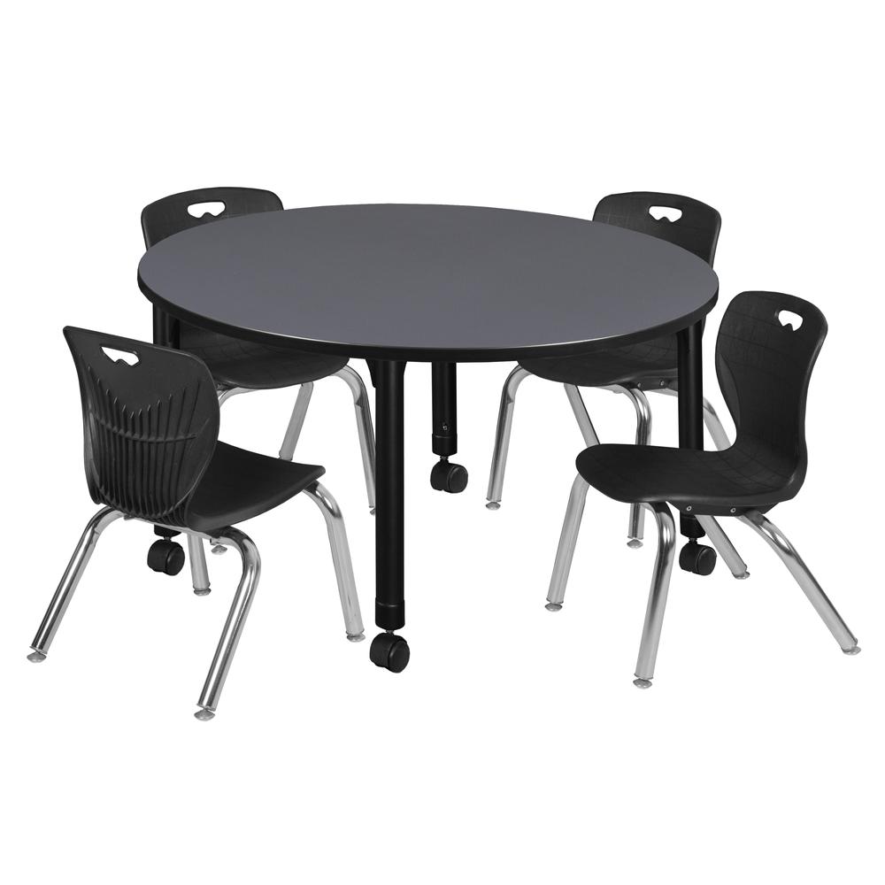 Kee 48" Round Height Adjustable Classroom Table - Grey & 4 Andy 12-in Stack Chairs- Black. Picture 1
