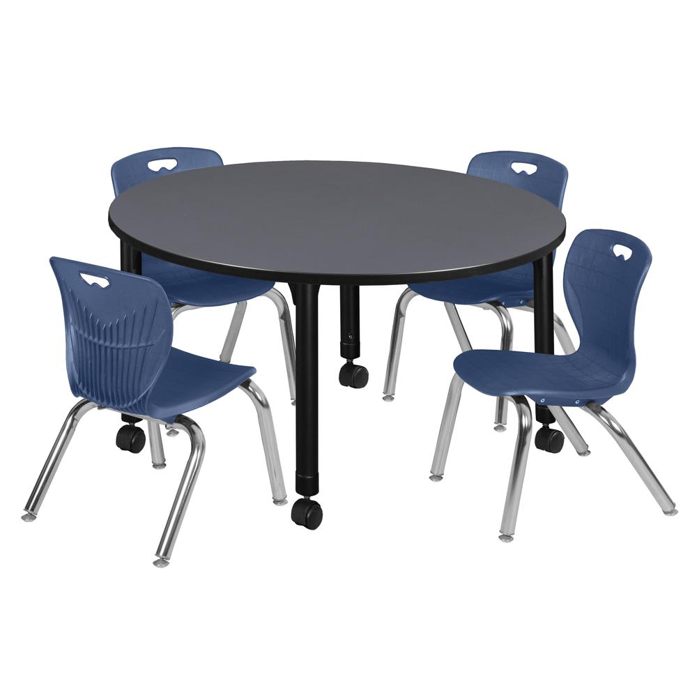 Kee 48" Round Height Adjustable Classroom Table - Grey & 4 Andy 12-in Stack Chairs- Navy Blue. Picture 1