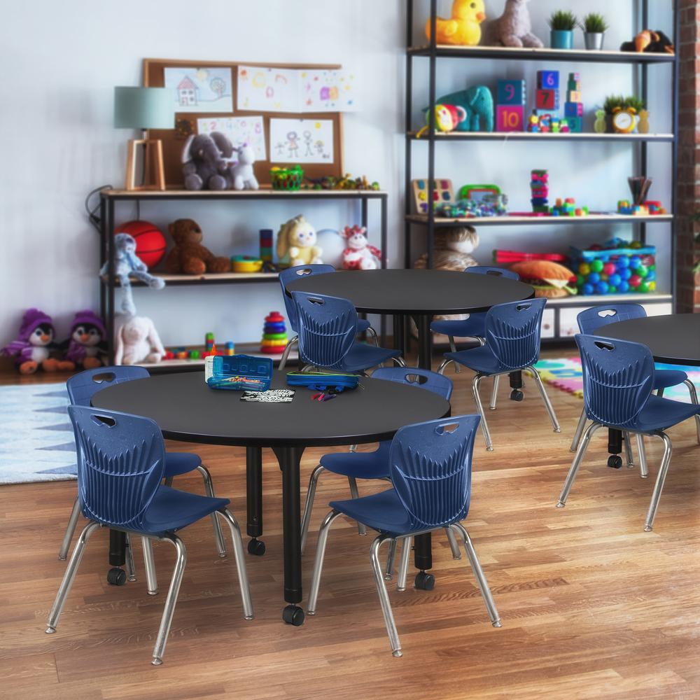 Kee 48" Round Height Adjustable Classroom Table - Grey & 4 Andy 12-in Stack Chairs- Navy Blue. Picture 6
