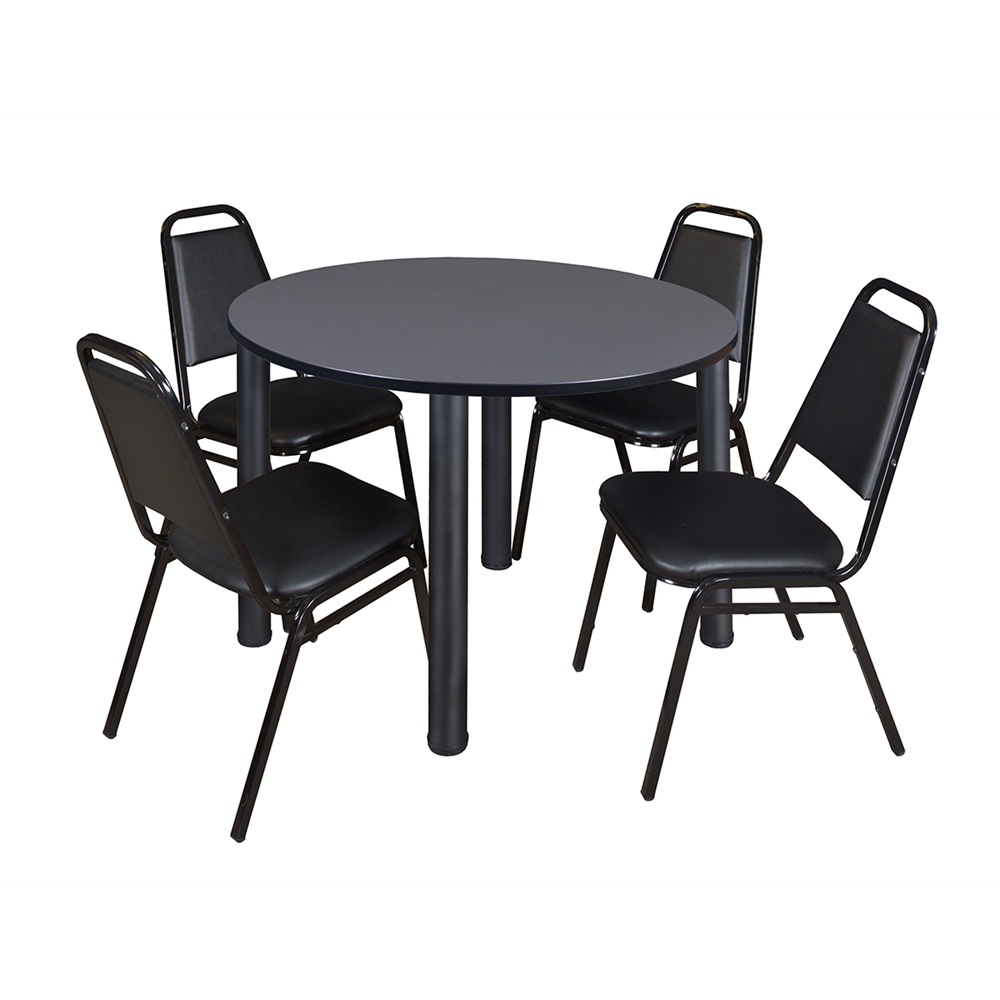 Kee 48" Round Breakroom Table- Grey/ Black & 4 Restaurant Stack Chairs- Black. Picture 1