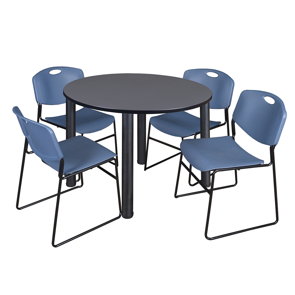 Kee 48" Round Breakroom Table- Grey/ Black & 4 Zeng Stack Chairs- Blue. Picture 1