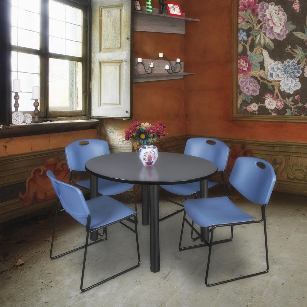 Kee 48" Round Breakroom Table- Grey/ Black & 4 Zeng Stack Chairs- Blue. Picture 2
