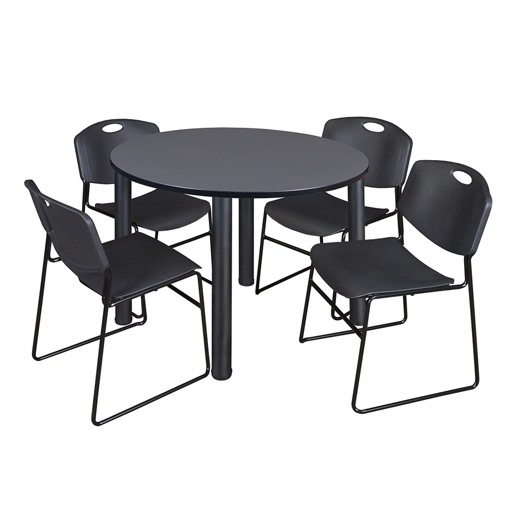 Kee 48" Round Breakroom Table- Grey/ Black & 4 Zeng Stack Chairs- Black. Picture 1