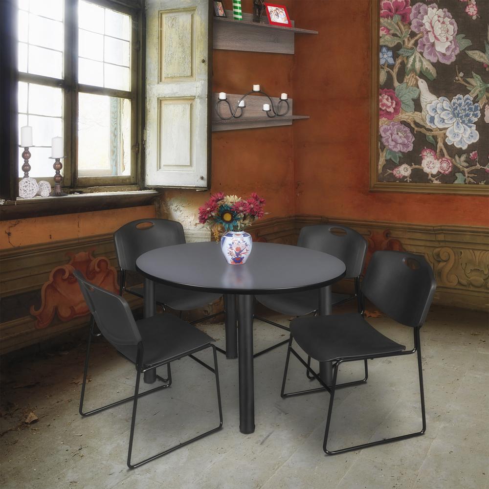 Kee 48" Round Breakroom Table- Grey/ Black & 4 Zeng Stack Chairs- Black. Picture 2