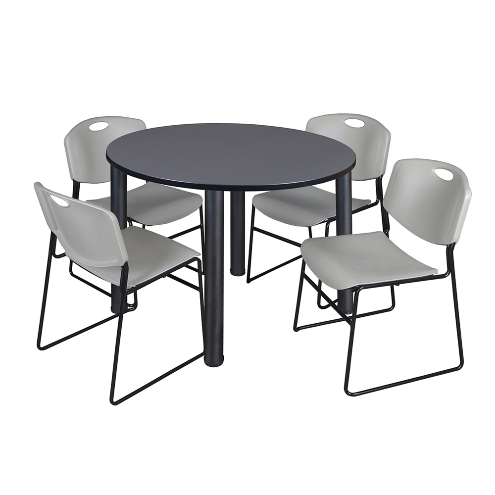 Kee 48" Round Breakroom Table- Grey/ Black & 4 Zeng Stack Chairs- Grey. Picture 1