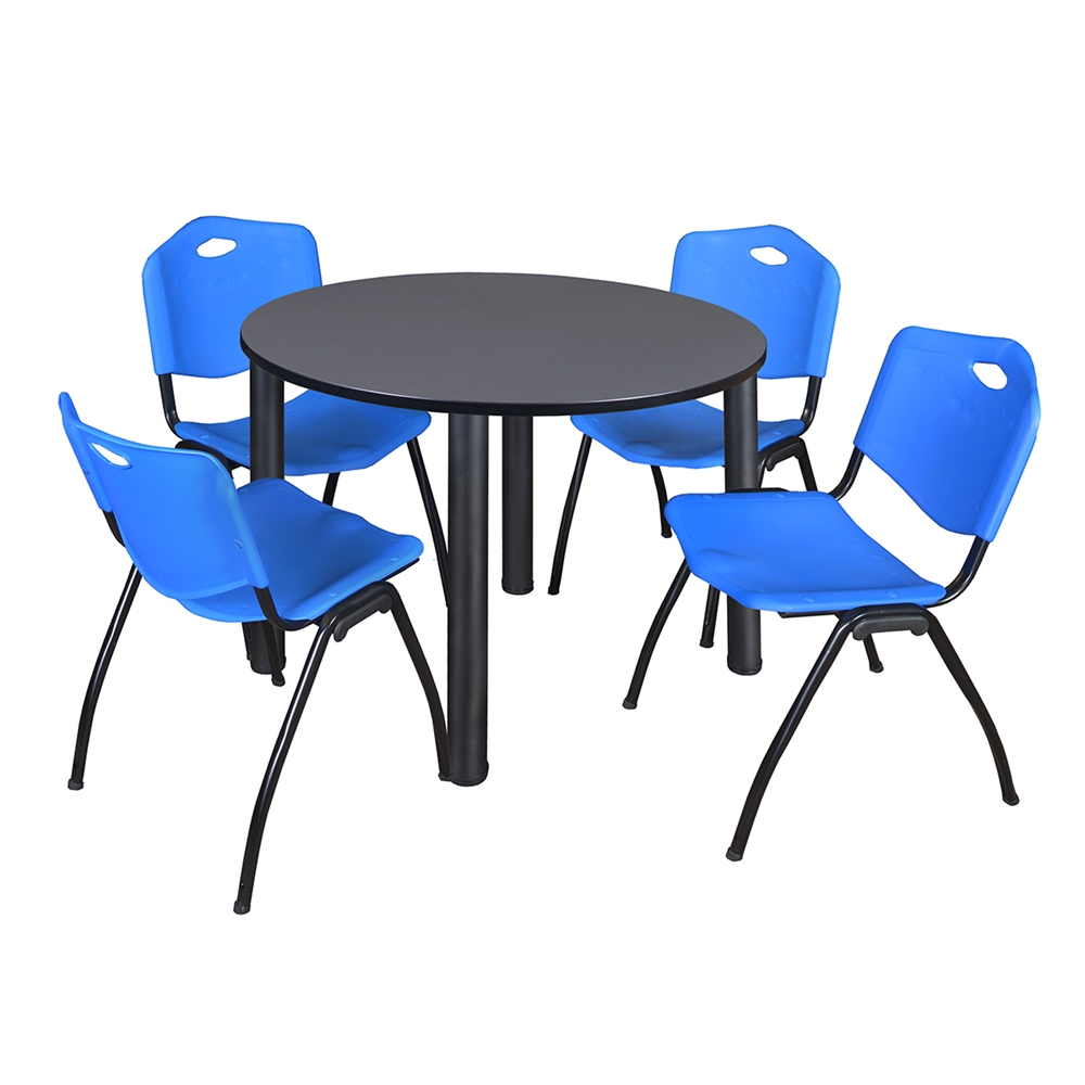Kee 48" Round Breakroom Table- Grey/ Black & 4 'M' Stack Chairs- Blue. Picture 1