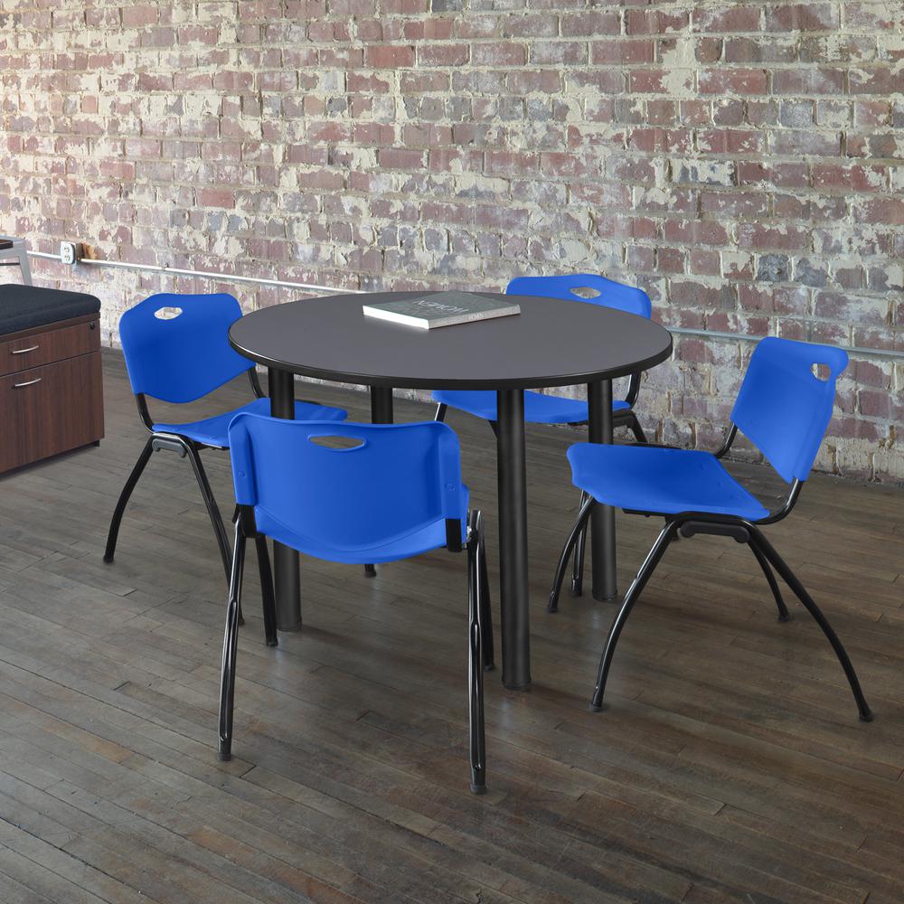 Kee 48" Round Breakroom Table- Grey/ Black & 4 'M' Stack Chairs- Blue. Picture 2