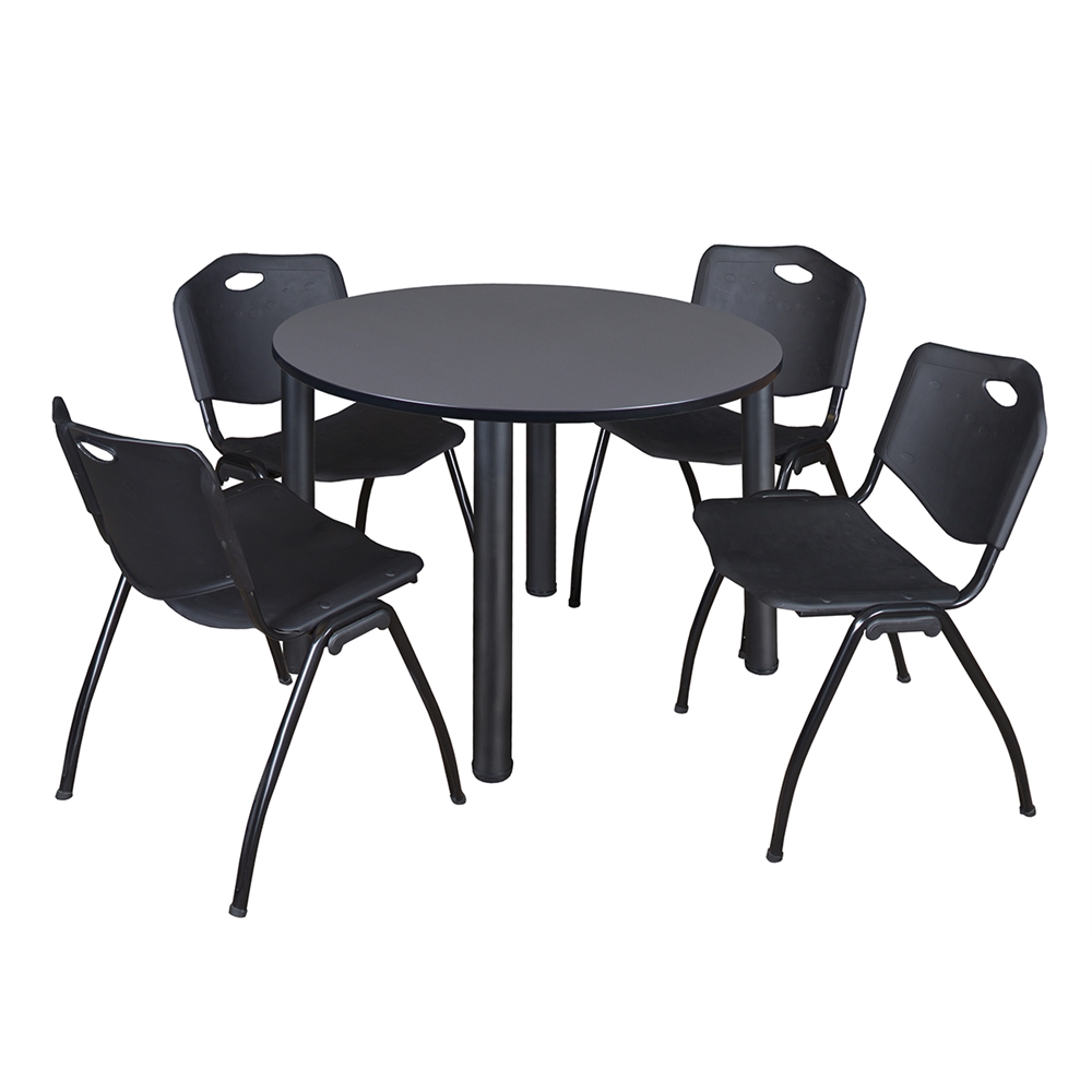 Kee 48" Round Breakroom Table- Grey/ Black & 4 'M' Stack Chairs- Black. Picture 1