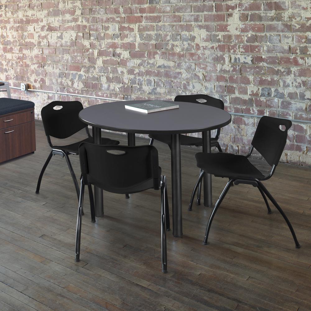 Kee 48" Round Breakroom Table- Grey/ Black & 4 'M' Stack Chairs- Black. Picture 2