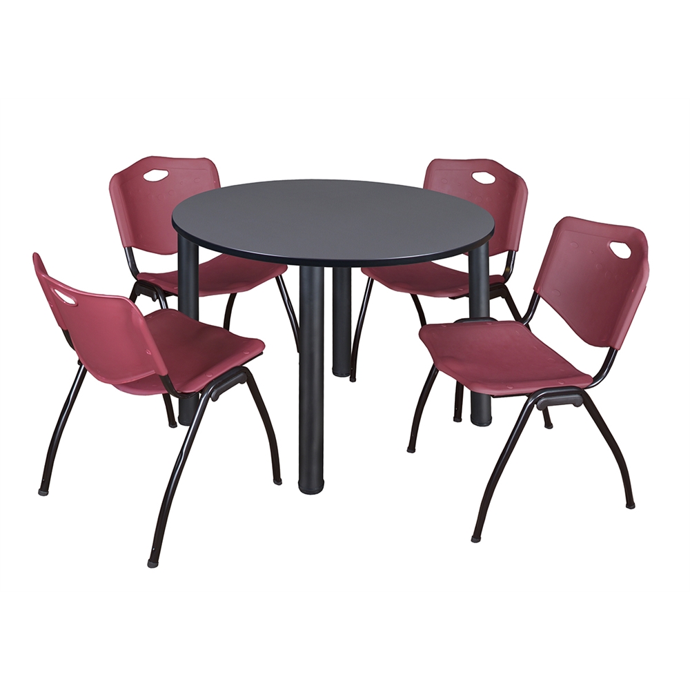 Kee 48" Round Breakroom Table- Grey/ Black & 4 'M' Stack Chairs- Burgundy. Picture 1