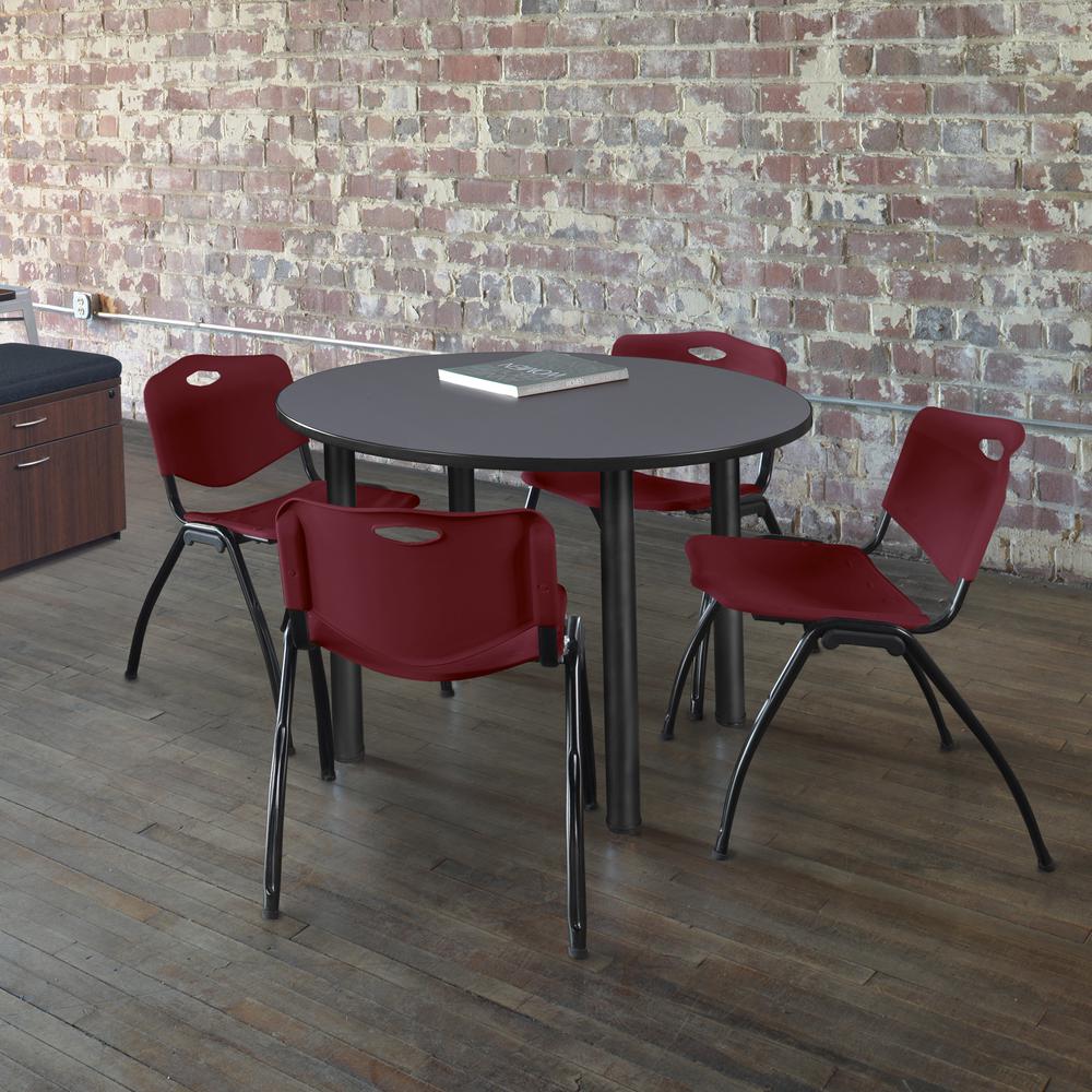 Kee 48" Round Breakroom Table- Grey/ Black & 4 'M' Stack Chairs- Burgundy. Picture 2